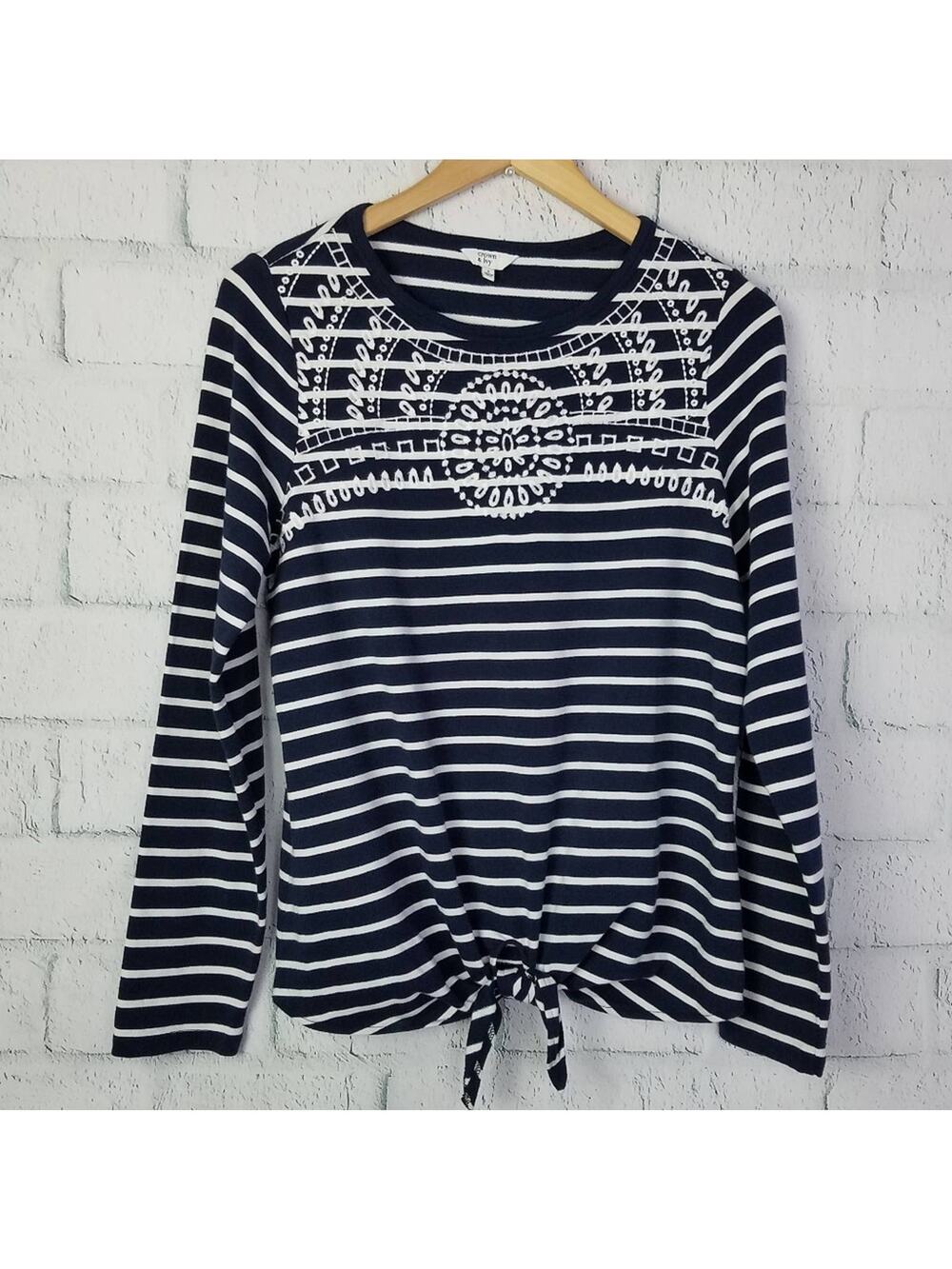 Crown & Ivy Womens Embroidered Striped Nautical Boho Tie Front Top Small